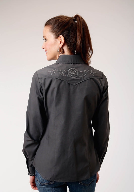 Roper Womens Long Sleeve Snap Dark Charcoal Grey Broadcloth Western Shirt With Self Piping And Embroidery On Yokes