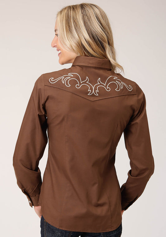 Roper Womens Long Sleeve Snap Solid Warm Browm Broadcloth Western Shirt