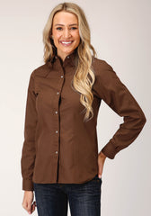 Roper Womens Long Sleeve Snap Solid Warm Browm Broadcloth Western Shirt