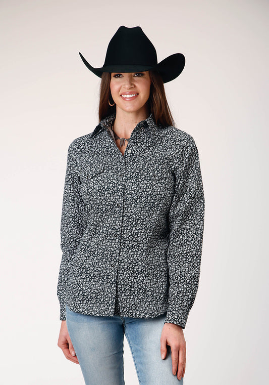 Roper Womens Long Sleeve Snap Black White Floral Print Western Shirt