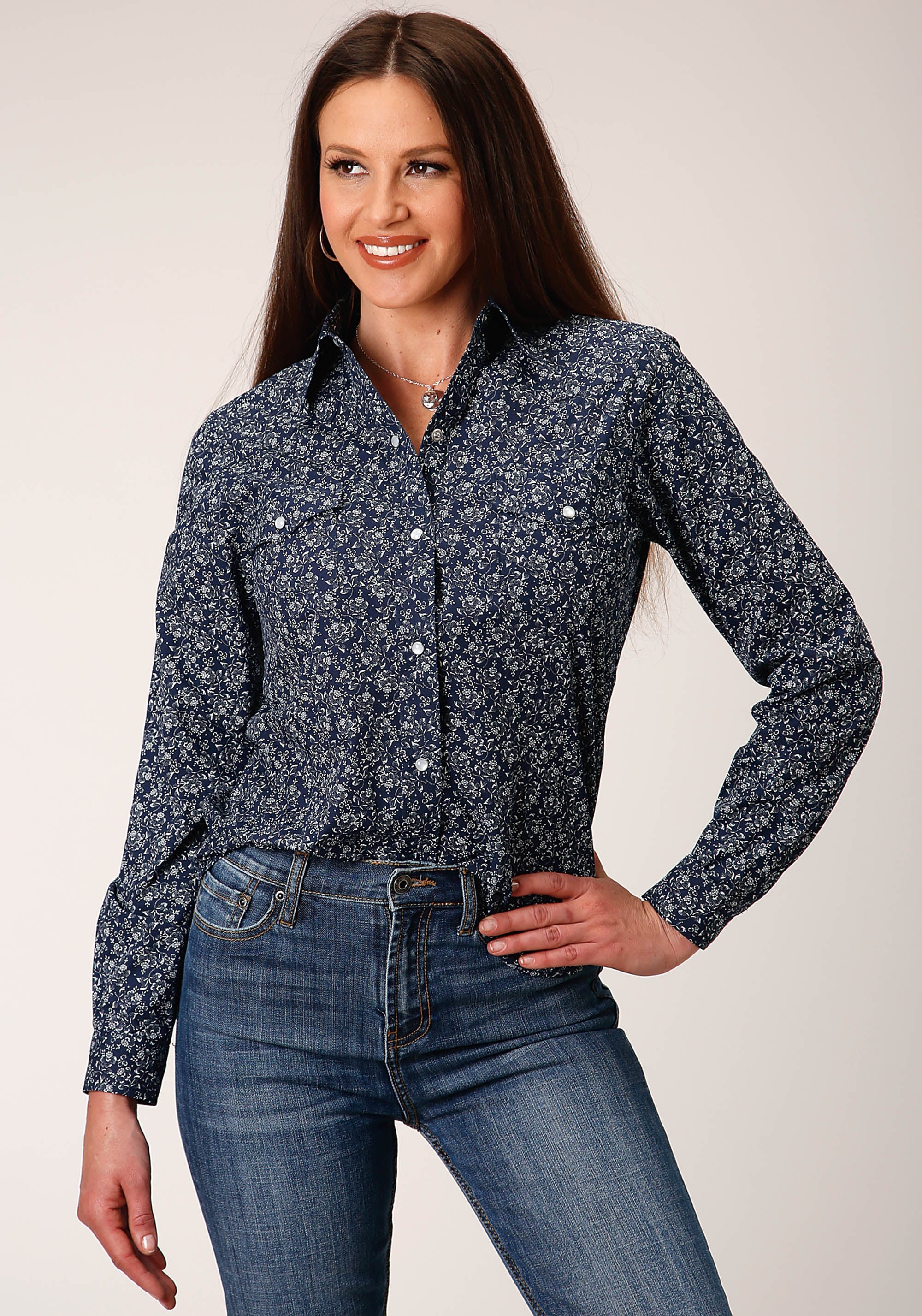 Roper Womens Long Sleeve Snap Navy And White Floral Print Western Shirt