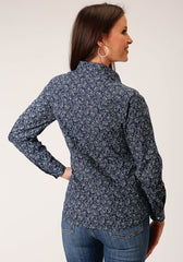 Roper Womens Long Sleeve Snap Navy And White Floral Print Western Shirt