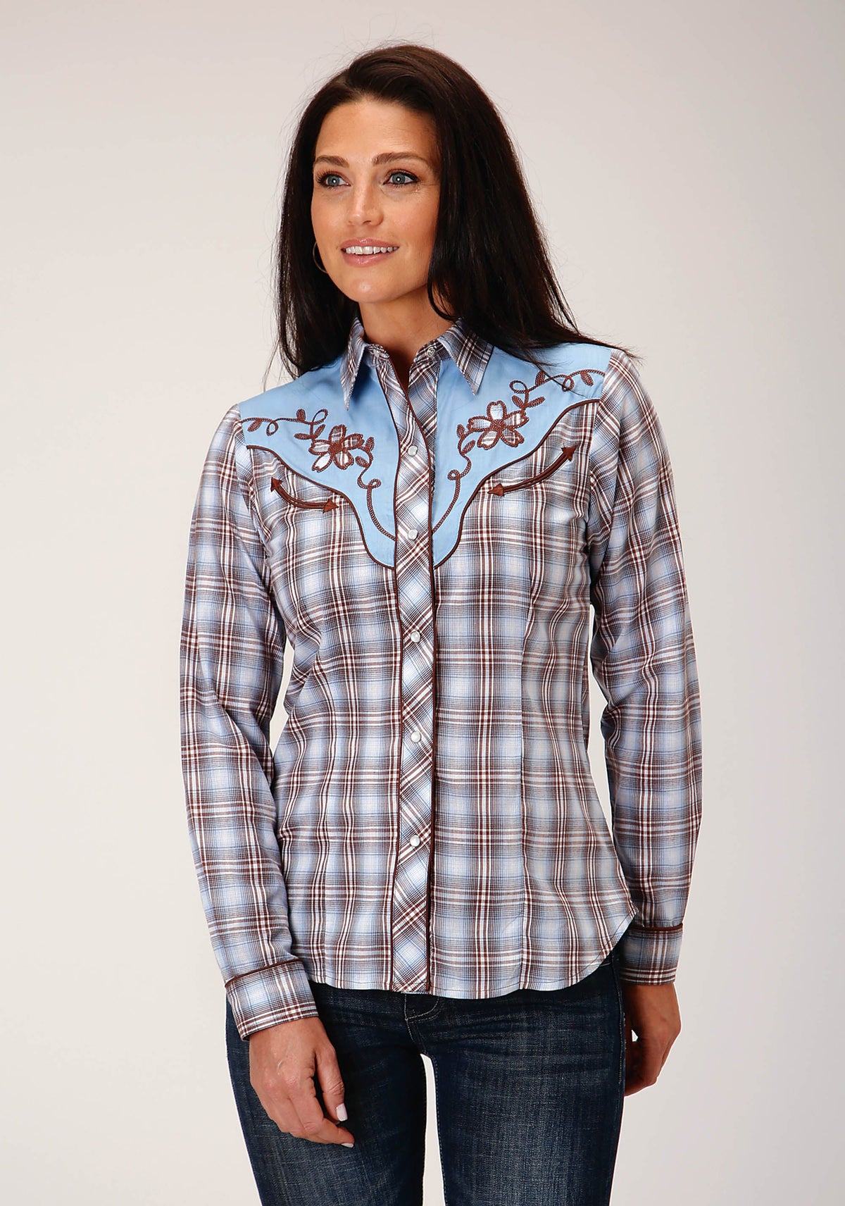 Roper Womens Long Sleeve Snap Light Blue Chocolate White Plaid Western Shirt