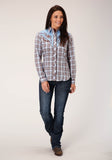 Roper Womens Long Sleeve Snap Light Blue Chocolate White Plaid Western Shirt