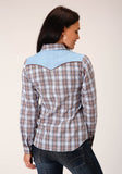 Roper Womens Long Sleeve Snap Light Blue Chocolate White Plaid Western Shirt