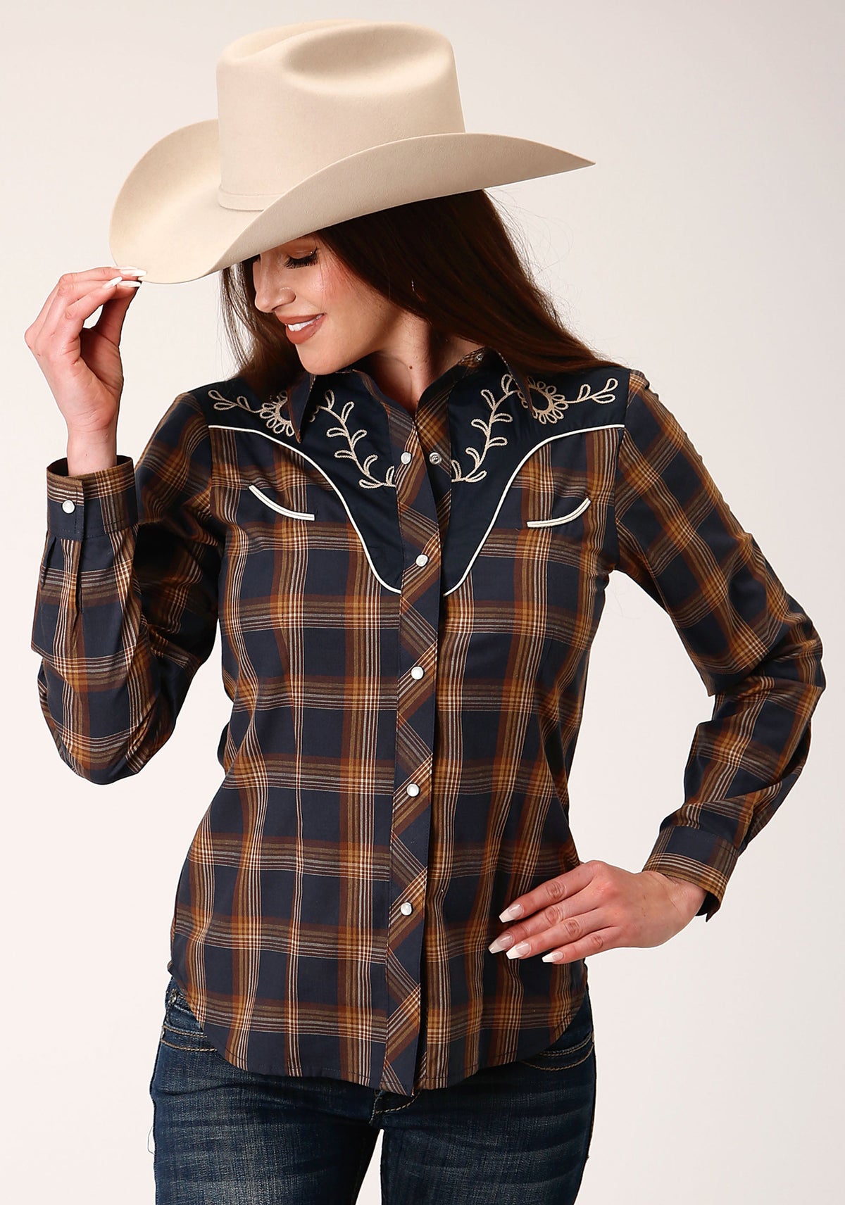 Roper Womens Long Sleeve Snap Navy And Brown Plaid Western Shirt