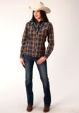 Roper Womens Long Sleeve Snap Navy And Brown Plaid Western Shirt