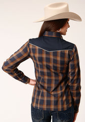 Roper Womens Long Sleeve Snap Navy And Brown Plaid Western Shirt