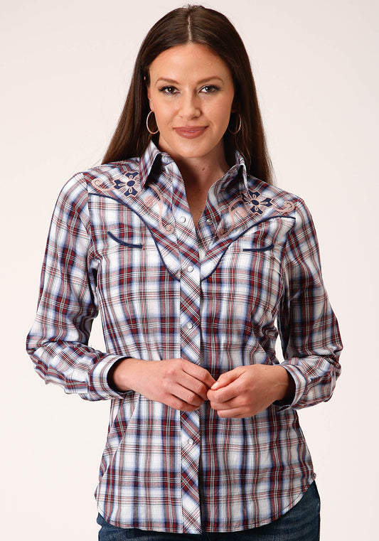 Roper Womens Long Sleeve Snap Wine  Navy  And White Plaid Western Shirt