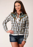 Roper Womens Long Sleeve Snap Brown  Blue  And White Plaid Western Shirt