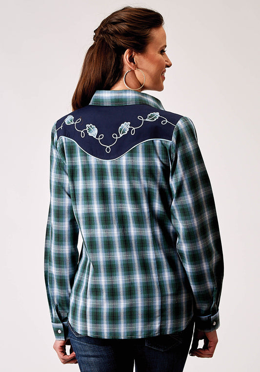 Roper Womens Long Sleeve Snap Ocean Plaid Western Shirt With Fancy Curved Yokes Applique On Back Yoke