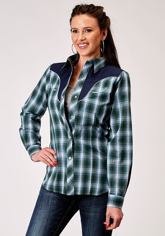 Roper Womens Long Sleeve Snap Ocean Plaid Western Shirt With Fancy Curved Yokes Applique On Back Yoke