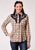 Roper Womens Long Sleeve Snap Brown Plaid Western Shirt With Fancy Curved Yokes Applique On Front Yoke