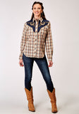 Roper Womens Long Sleeve Snap Brown Plaid Western Shirt With Fancy Curved Yokes Applique On Front Yoke