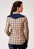 Roper Womens Long Sleeve Snap Brown Plaid Western Shirt With Fancy Curved Yokes Applique On Front Yoke