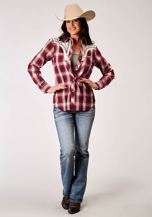 Roper Womens Long Sleeve Snap Red Plaid Western Shirt With Fancy Curved Yokes Applique On Front Yoke