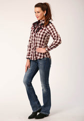 Roper Womens Long Sleeve Snap Wine Black Cream Plaid Western Shirt With Piping And Applique On Yokes