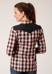 Roper Womens Long Sleeve Snap Wine Black Cream Plaid Western Shirt With Piping And Applique On Yokes