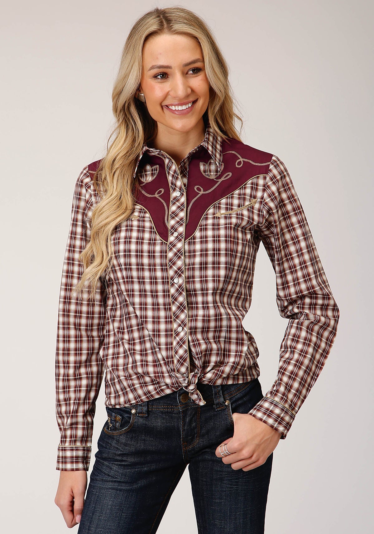 Roper Womens Long Sleeve Snap Wine Cream Tan Small Scale Plaid Western Shirt