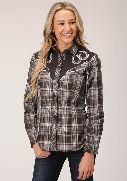 Roper Womens Long Sleeve Snap Chocolate And Cream Plaid Western Shirt