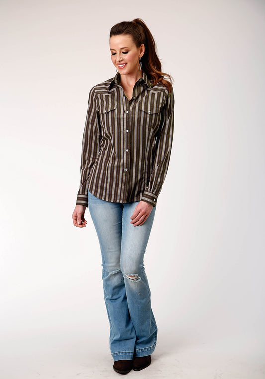 Roper Womens Long Sleeve Snap Chocolate Stripe Western Shirt