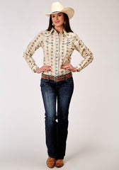 Roper Womens Long Sleeve Snap Floral Stripe Western Shirt With Solid Piping On Front And Back Yokes Smile Pockets