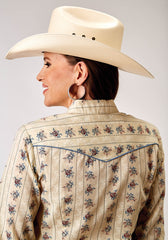 Roper Womens Long Sleeve Snap Floral Stripe Western Shirt With Solid Piping On Front And Back Yokes Smile Pockets