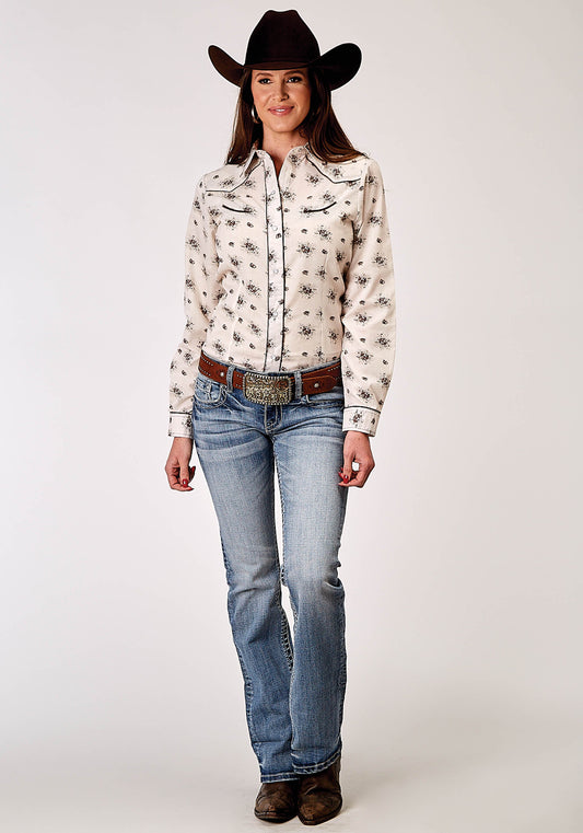 Roper Womens Long Sleeve Snap Vintage Floral Western Shirt With Solid Piping On Front And Back Yokes Smile Pockets