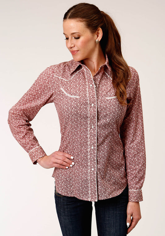 Roper Womens Long Sleeve Snap Red And Cream Vintage Floral Print Western Shirt