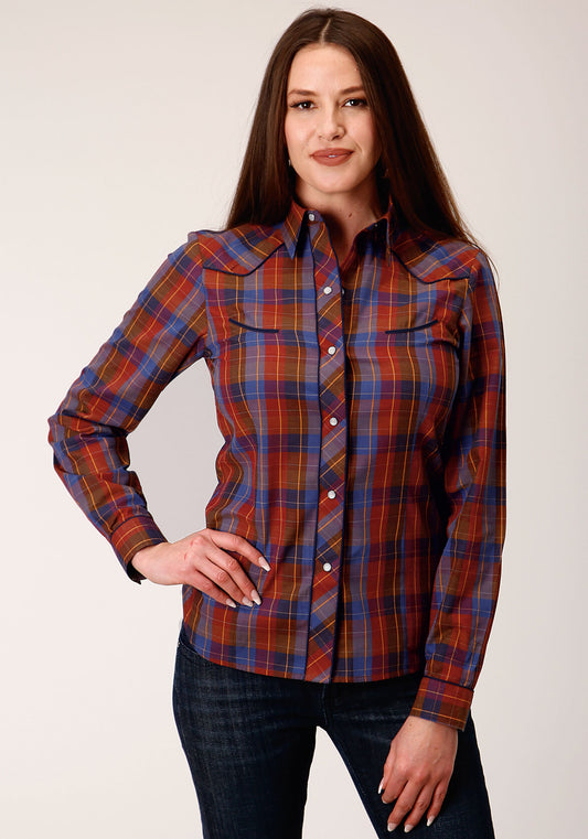 Roper Womens Long Sleeve Snap Wine And Peri Windowpane Western Shirt