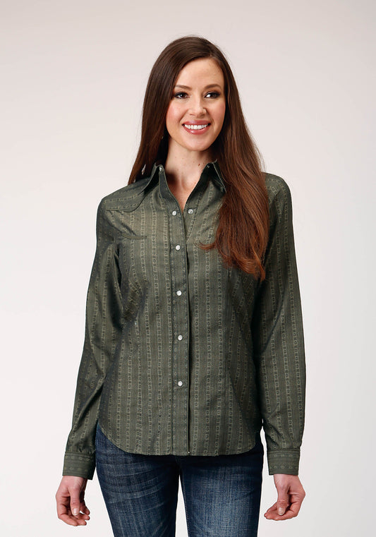 Roper Womens Long Sleeve Snap Grey Floral Tone On Tone Strip Western Shirt With Solid Piping And Smile Pockets