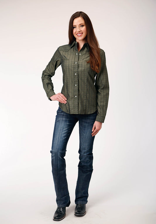 Roper Womens Long Sleeve Snap Grey Floral Tone On Tone Strip Western Shirt With Solid Piping And Smile Pockets