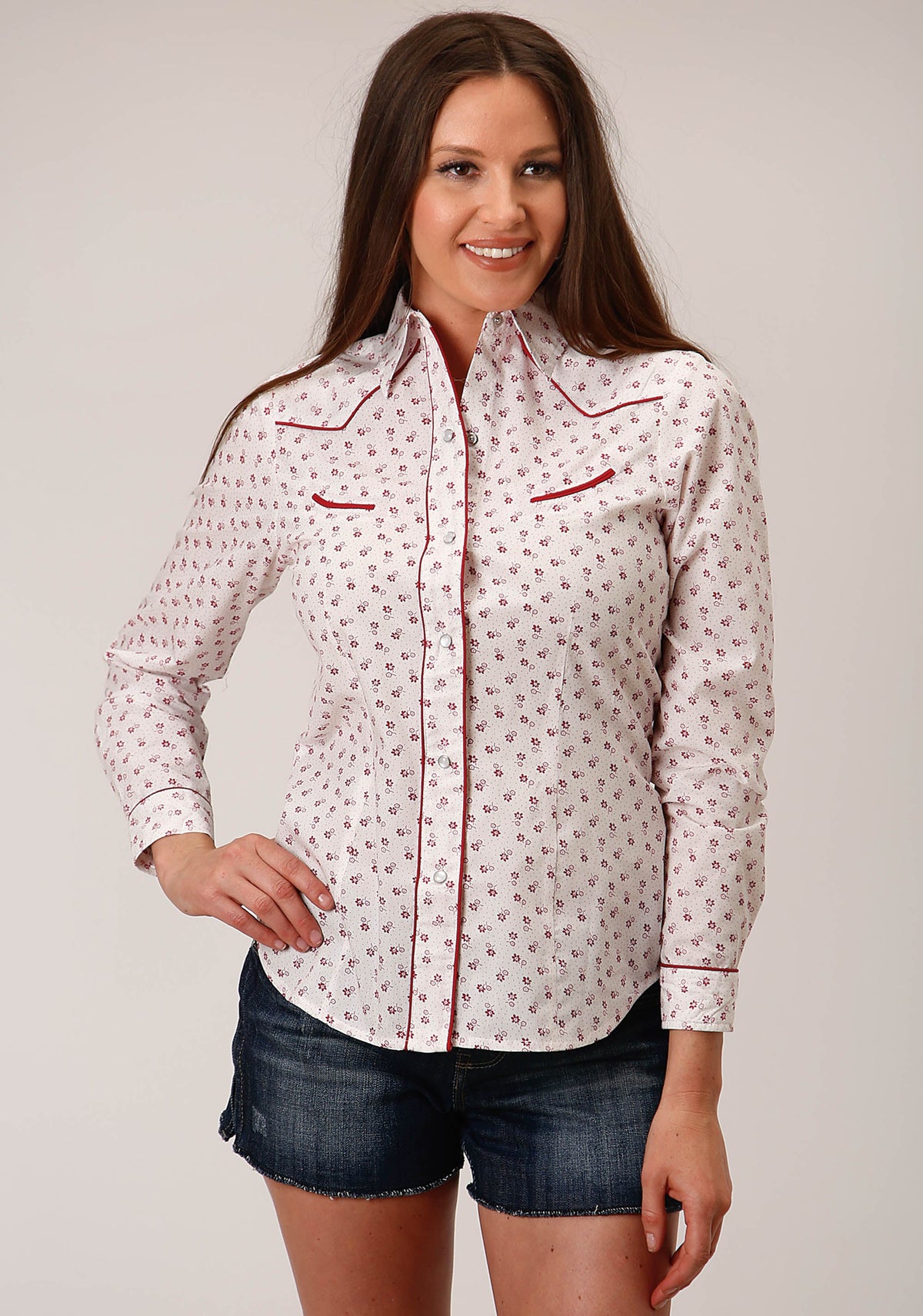 Roper Womens Long Sleeve Snap White And Red Floral Print Western Shirt