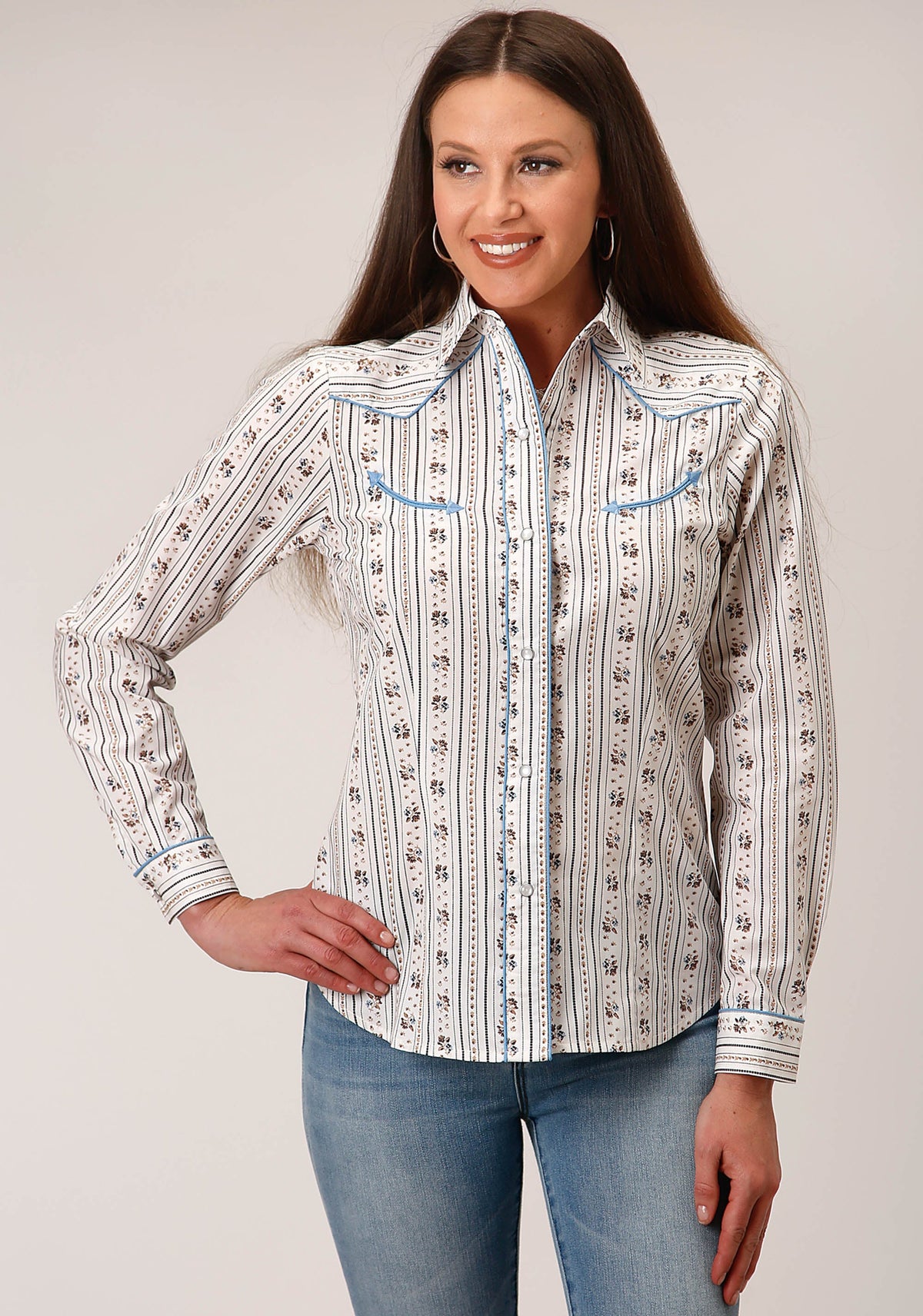 Roper Womens Long Sleeve Snap Brown And Blue Wallpaper Stripe Western Shirt