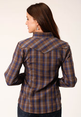 Roper Womens Long Sleeve Snap Blue Camel Brown Plaid Western Shirt With Contrast Solid Piping And Pockets