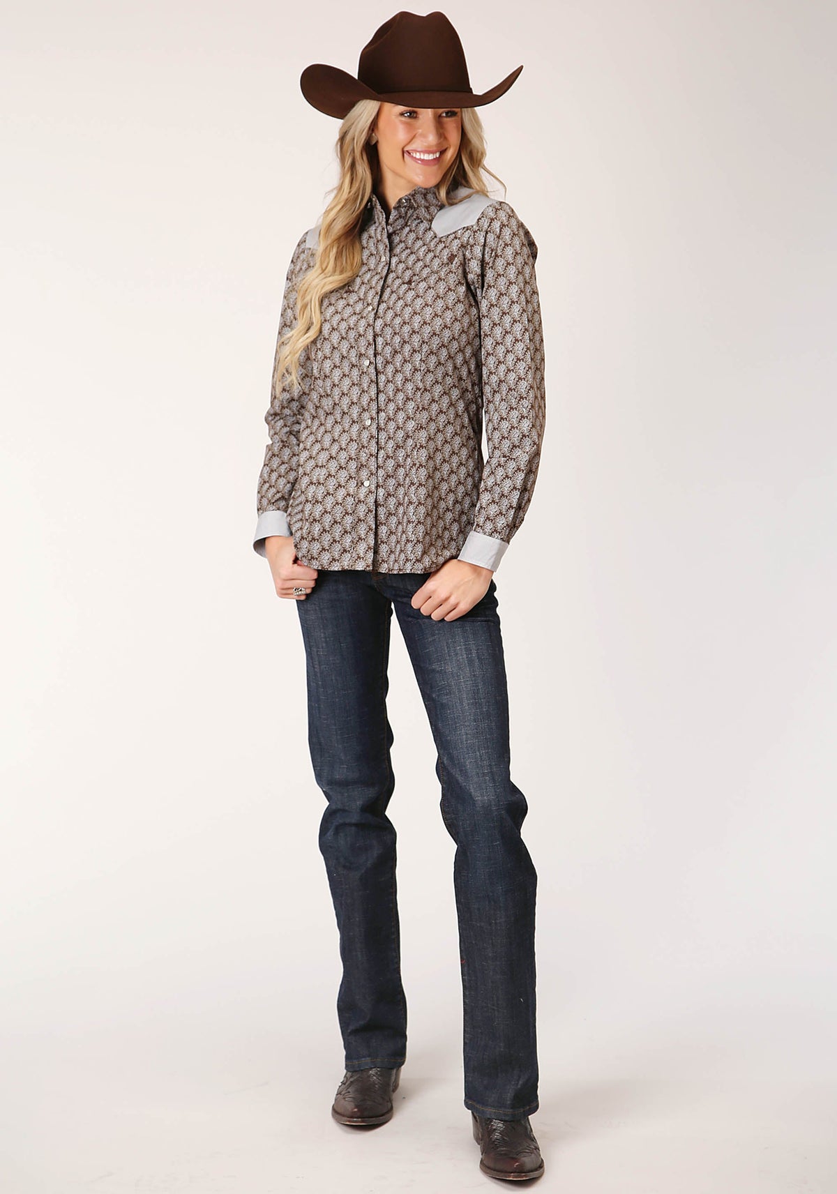 Roper Womens Long Sleeve Snap Chocolate And Cream Teardrop Print Western Shirt