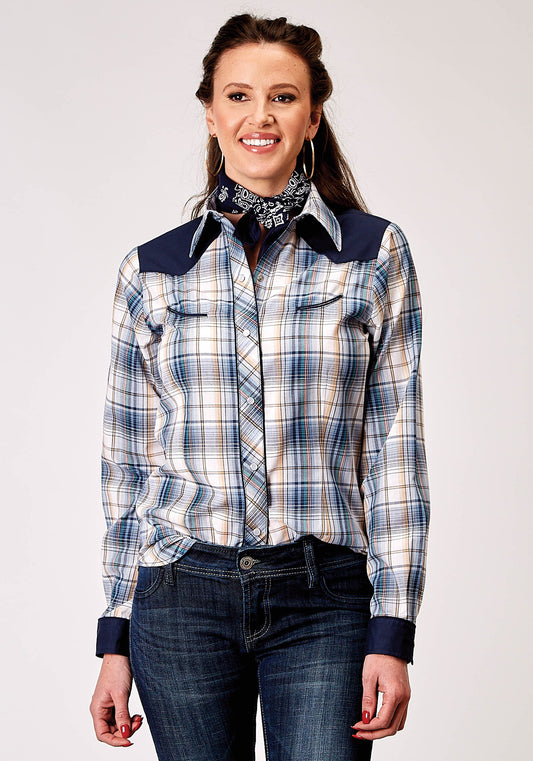 Roper Womens Long Sleeve Snap Madris Plaid Plaid Western Shirt With Piping Solid Yokes Smile Pockets