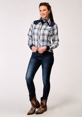 Roper Womens Long Sleeve Snap Madris Plaid Plaid Western Shirt With Piping Solid Yokes Smile Pockets