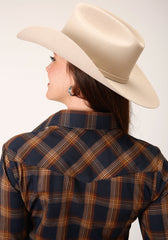 Roper Womens Long Sleeve Snap Navy And Brown Pliad Western Shirt