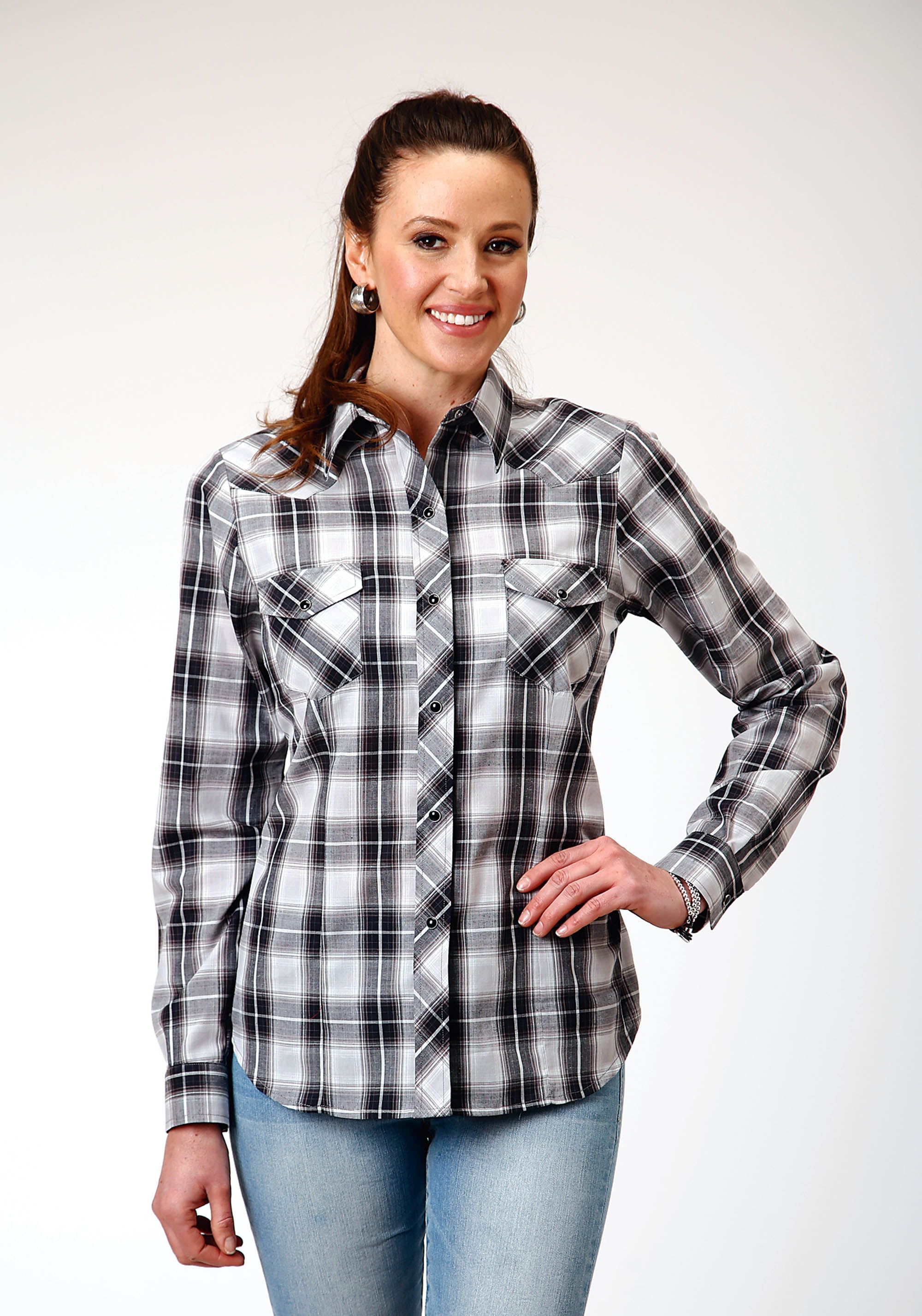 Roper Womens Long Sleeve Snap Black Aqua Grey Plaid Western Shirt