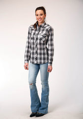 Roper Womens Long Sleeve Snap Black Aqua Grey Plaid Western Shirt