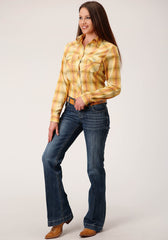 Roper Womens Long Sleeve Snap Yellow And Tangerine Plaid Western Shirt