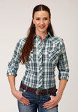 Roper Womens Long Sleeve Snap Olive  Blue And Cream Plaid Western Shirt