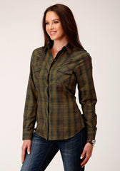 Roper Womens Long Sleeve Snap Black Gold Plaid Western Shirt