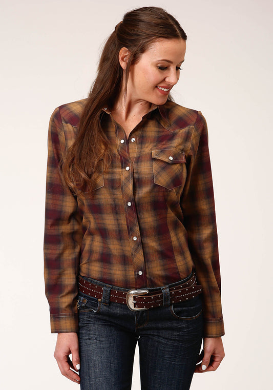 Roper Womens Long Sleeve Snap Caramel And Grey Plaid Western Shirt