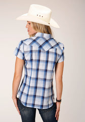 Roper Womens Short Sleeve Snap Mulit Blue White Plaid Western Shirt