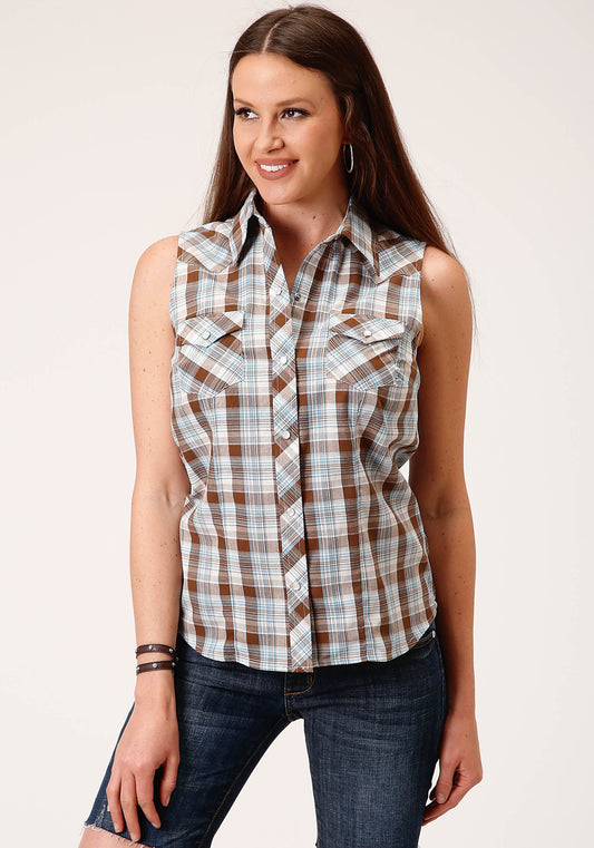 Roper Womens Sleeveless Snap Brown  Blue And White Plaid Western Shirt