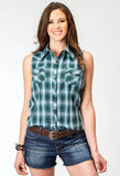 Roper Womens Sleeveless Snap Ocean Plaid Western Shirt