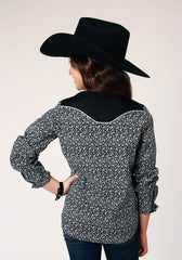 Roper Girls Long Sleeve Snap Black White Floral Print Western Shirt With Piping And Applique On Yokes