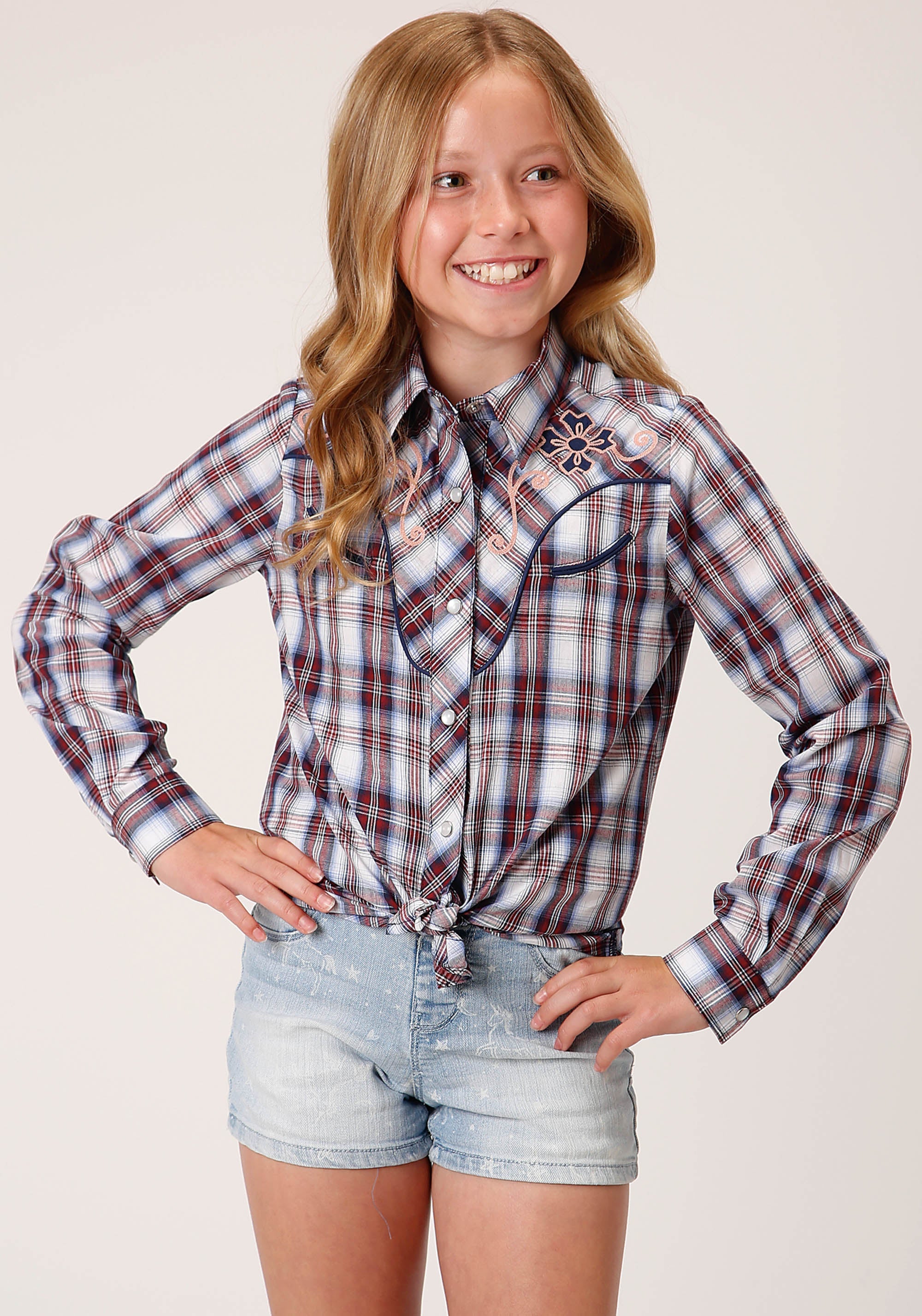 Roper Girls Long Sleeve Snap Wine Navy And White Plaid Western Shirt With Piping Contrast Yokes And Applique